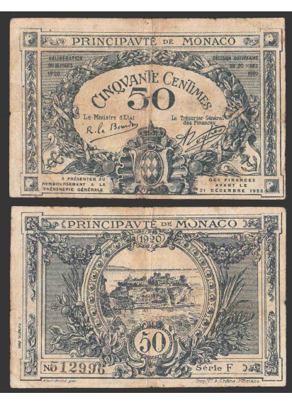 Principato di Monaco 50 Centimes 1920 Emergency Issue Rarissima